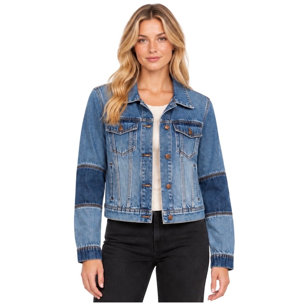 Free People Rumors Denim Trucker Jacket Patchwork Colorblock Medium Wash Size M